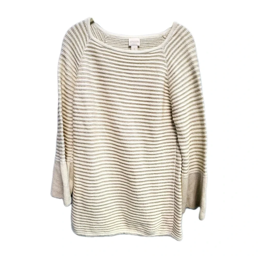 Chicos Women's Size 1 (M-8) Ivory Gold Metallic Bell Sleeve Striped Knit Sweater
